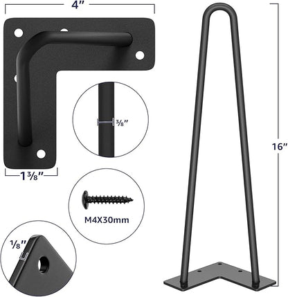 SMARTSTANDARD 16" Hairpin Furniture Legs, Metal Home DIY Projects for Nightstand, Coffee Table, Desk, etc with Rubber Floor Protectors Black 4PCS