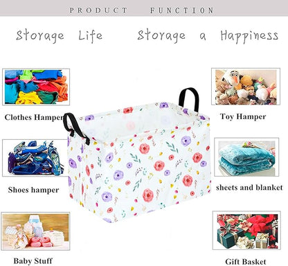 KUNRO Rectangle Flower Patter Storage Basket Gift Shelf Basket Storage Bin, Nursery Basket Organizer Box for With Handles for Room Deco