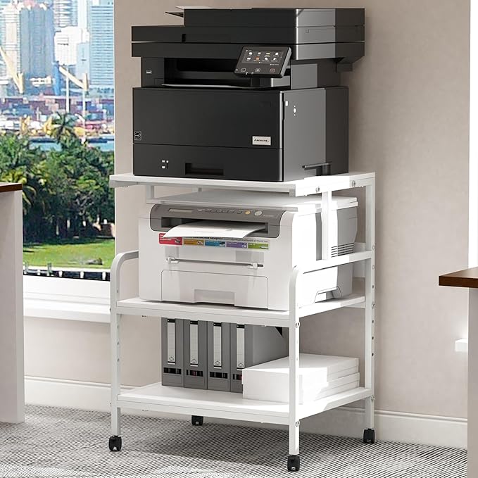 Large Printer Stand with Storage Shelf, 23.6" W x 18.9" D Printer Cart with Wheels, 3 Tier Mobile Printer Table for Home Office,Stands for Heat Press Scanner Fax (White)