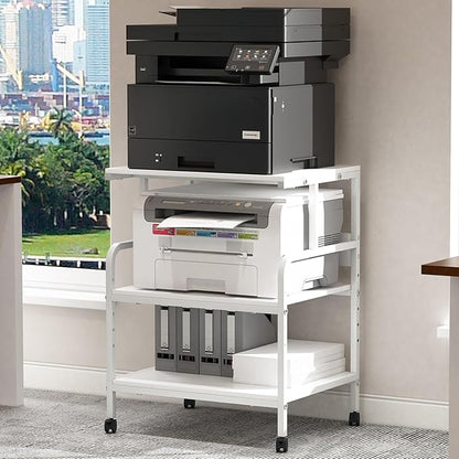 Large Printer Stand with Storage Shelf, 23.6" W x 18.9" D Printer Cart with Wheels, 3 Tier Mobile Printer Table for Home Office,Stands for Heat Press Scanner Fax (White)