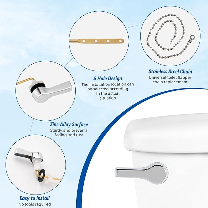 Hibbent Universal Front Mount Metal Toilet Handle Replacement Kit, Brass Toilet Tank Flush Lever with Stainless Steel Adjustable Flapper Chains for Most Toilets, Chrome