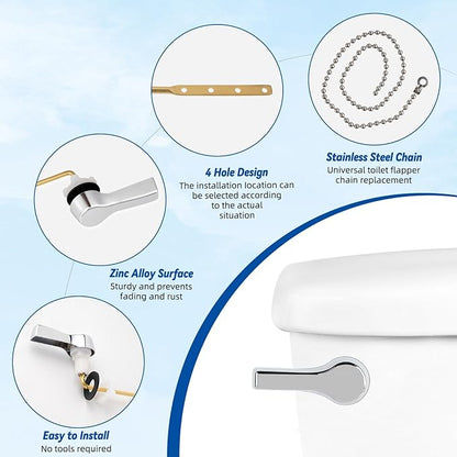 Hibbent Universal Front Mount Metal Toilet Handle Replacement Kit, Brass Toilet Tank Flush Lever with Stainless Steel Adjustable Flapper Chains for Most Toilets, Chrome