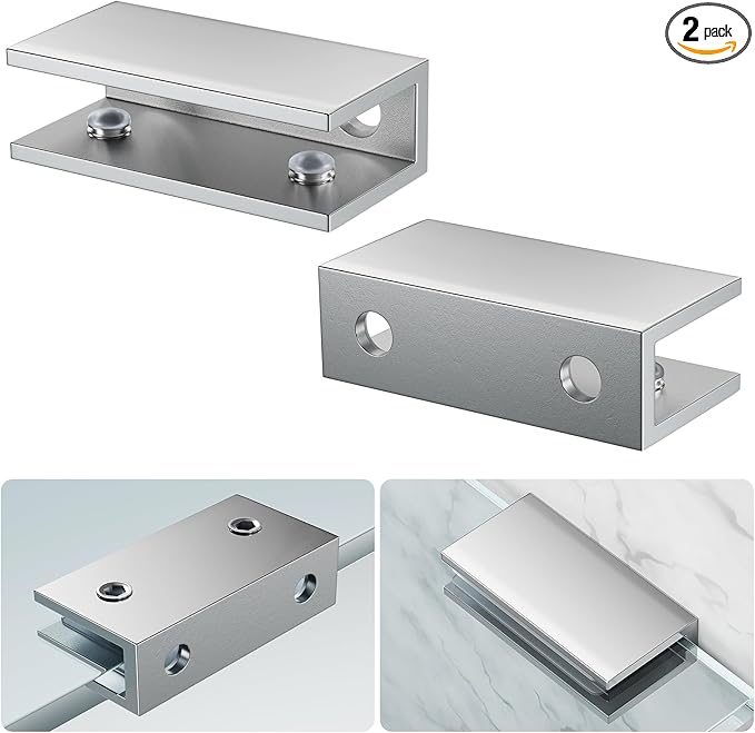 Ranbo 2 Pcs Frameless Glass Clamp Brackets for Shelf and Shower, Heavy Duty Wall Mount Rectangular Holders for 1/4" to 1/2" Panels, Polished Silver Finish Hardware