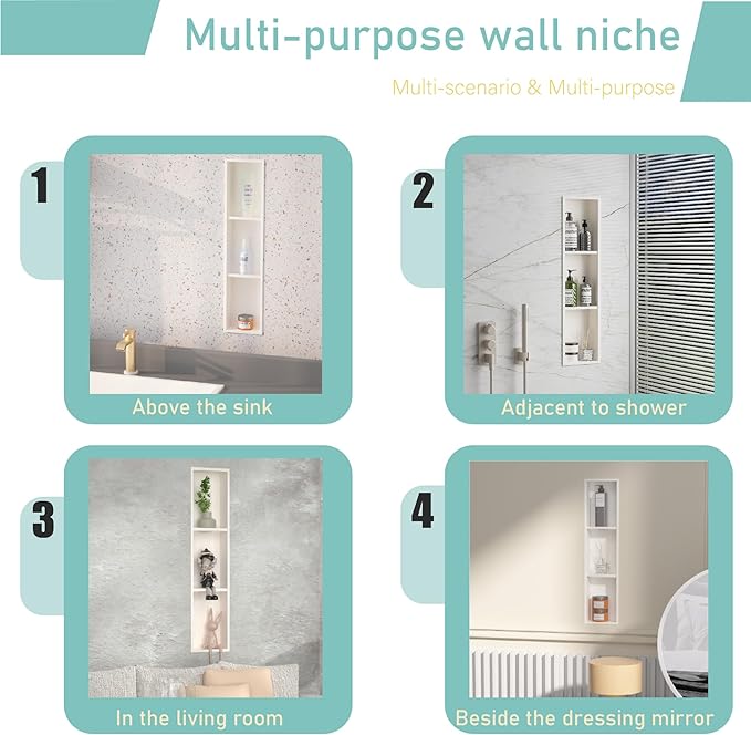 Narrow Shower Niche with Shelf，Stainless Steel recessed Wall Niche ，Three-Tier Shelves with Bathroom Storage/Remodel， Matte White （ 8"x 36"）