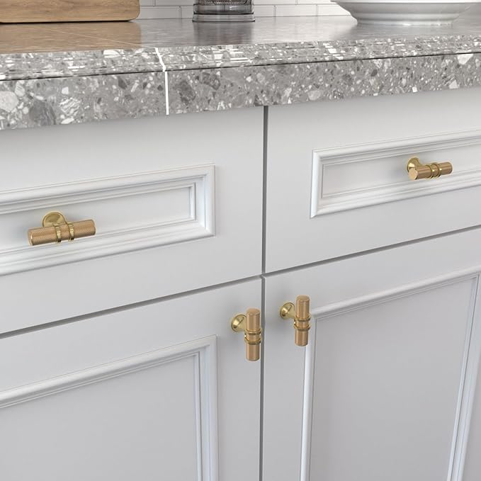 Goldenwarm 5 Pack Knurled Gold Cabinet Knobs Brushed Gold Cabinet Knobs Brushed Brass Drawer Pull Handles Kitchen Dresser Hardware for Bedroom Cupboard, Single Hole