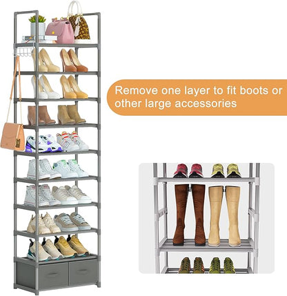 OYREL Shoe Rack, Sturdy Metal Shoes Rack Organizer,Narrow Shoe Rack,Shoe Racks for Closets,Shoes Rack,Shoe Stand,Shoe Shelf (10 Tier with 2 Boxes and 1 Hook)