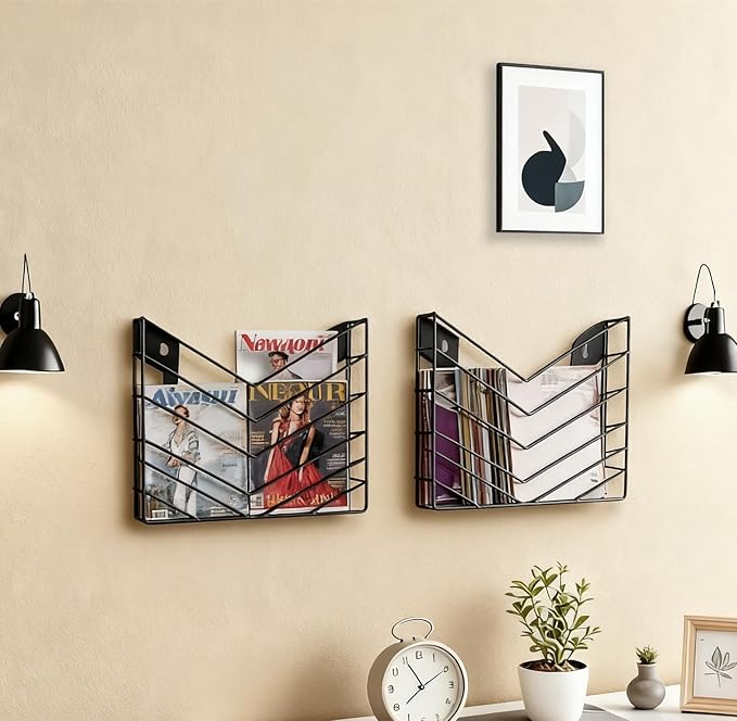 CROISSANT Black Wall Mounted File Organizer,Metal Magazine Basket, Concave Wall Mounted Magazine Rack, Suitable for Hanging File Folders for Office Living Room (Black, 4 Pack)