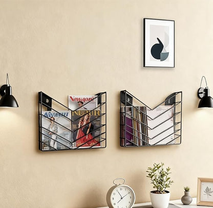 CROISSANT Black Wall Mounted File Organizer,Metal Magazine Basket, Concave Wall Mounted Magazine Rack, Suitable for Hanging File Folders for Office Living Room (Black, 2 Pack)
