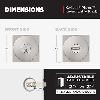 Kwikset Pismo Entry Door Knob with Lock and Key, Secure Keyed Handle Exterior, Front Entrance and Bedroom, Satin Nickel, 10 Pack, Pick Resistant SmartKey Rekey Security and Microban