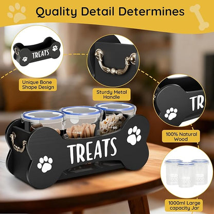 WGFKVAS Dog Treat Storage Containers, 3 Jar Countertop Organizer with Airtight Lids, Black Wooden Pet Food Dispenser for Dogs & Puppies, Perfect Food Storage Solution and Gift for Dog Owners
