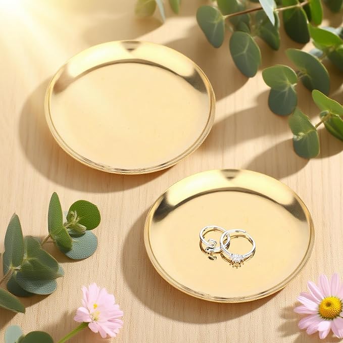 2pcs Gold Round Serving Trays, Stainless Steel Trinket Dish Decorative Jewelry Tray Small Gold Platters for Jewelry Cosmetics Countertop Dish