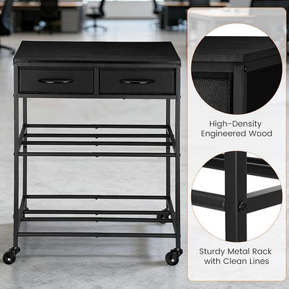 3D Printer Filament Storage Shelf with Drawers& Wheels, Black 2-Tier 3D Printer Filament Metal Stand with Storage, Adjustable Filaments Organzied Rack for Workshop Studio Office, 4 Leveling Feet