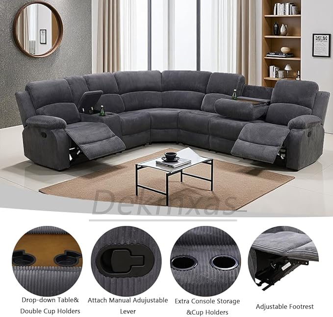 3-Piece Living Room Furniture Set, Reclining Sectional Sofa Set, Grey Corduroy Sofa Sets with Drop-Down Table, Sectional Recliner with Storage Console for Living Room, Bedroom, Office