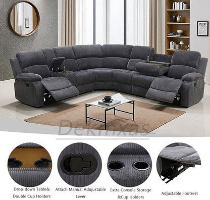 Dark Grey Corduroy Reclining Sectional Sofa Set and Recliner Loveseat Chair with Cup Holders, Living Room Sofa Set with Drop-Down Table, Storage Console for Living Room, Bedroom, Apartment