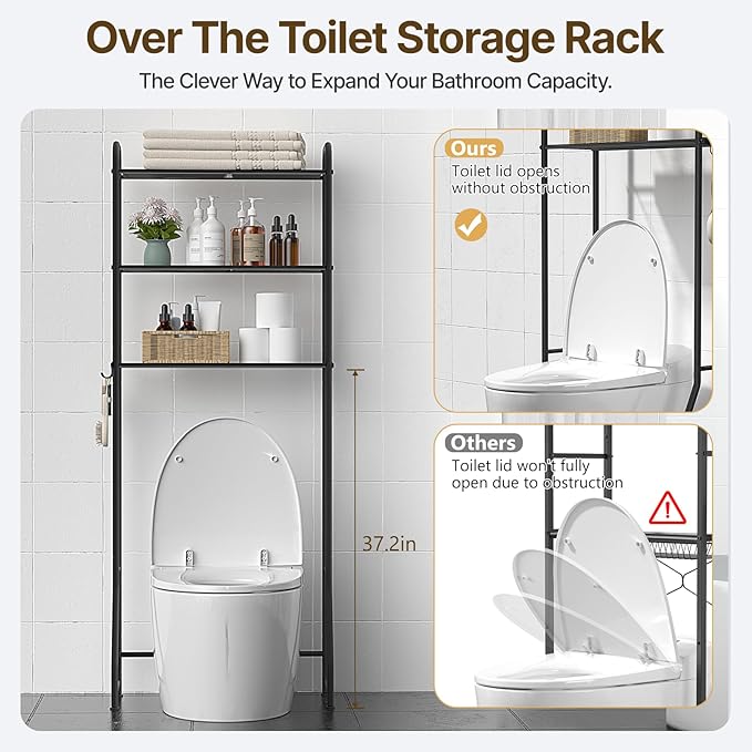 3 Tier Over The Toilet Storage Rack, Bathroom Organizer Shelf Over Toilet with 4 Hook, Space Save Freestanding Metal Bathroom Shelves