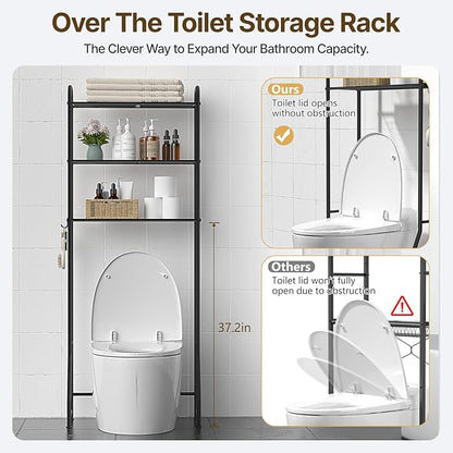 3 Tier Over The Toilet Storage Rack, Bathroom Organizer Shelf Over Toilet with 4 Hook, Space Save Freestanding Metal Bathroom Shelves