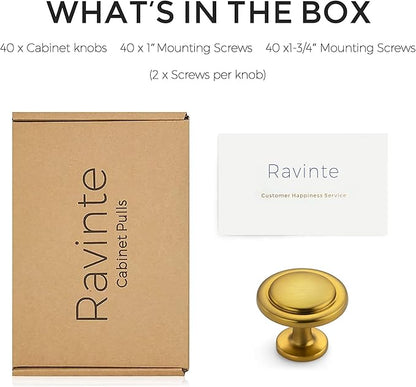 Ravinte 40 Pack 1-1/4 Inch Kitchen Cabinet Knobs - Brushed Brass Zinc Drawer Pulls and Door Handles for Dressers