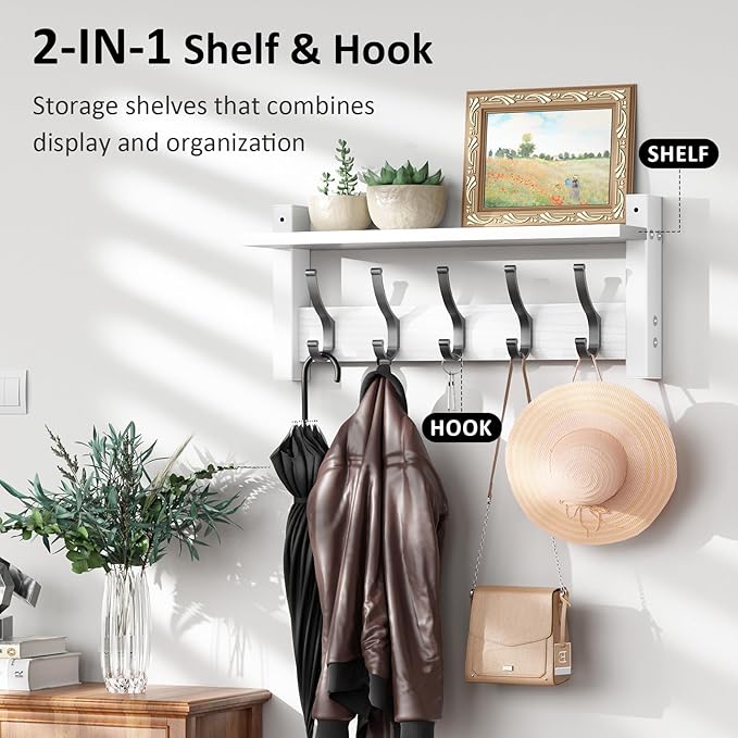 Coat Rack Wall Mount with Shelf, 17.1 Inch Coat Hanger Walls Mounted, Hat Rack for Walls, Shelf with 5 Coat Hooks, Wall Hanger for Entryway (White)