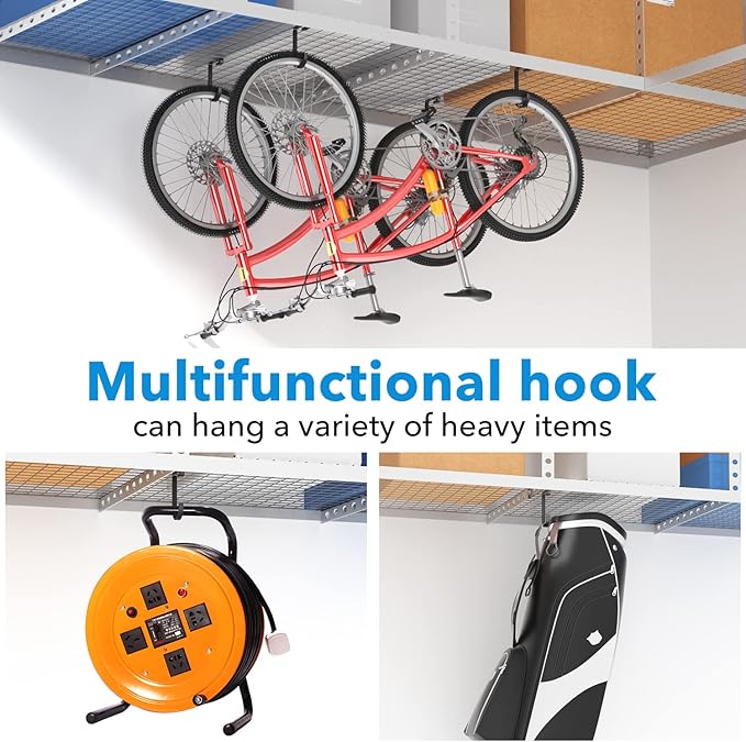 Thickened Bike Hooks for Garage Ceiling Rack: Heavy Duty Overhead Storage Rack Hook for Bicycle, Hold 50 lb, Safe Rack Bike Hanger, Metal, 4 Pack