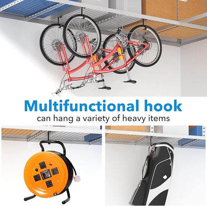 Thickened Bike Hooks for Garage Ceiling Rack: Heavy Duty Overhead Storage Rack Hook for Bicycle, Hold 50 lb, Safe Rack Bike Hanger, Metal, 4 Pack
