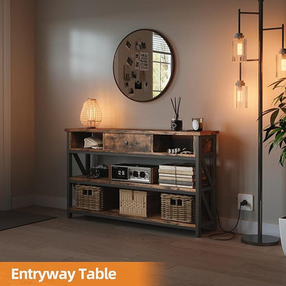 Mexin Console Table with Outlets and USB Ports, Entryway Table with Drawer Storage Shelves, Industrial Wood Hallway Sofa Table for Living Room, Couch, Foyer, Kitchen Counter, 39 Inch, Vintage Brown