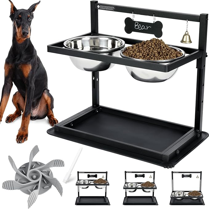 SHAINFUN Elevated Dog Bowls - Slow Feeder, Raised Stand with Two 1700ML Stainless Steel Bowls, Spill Proof Mat for Large & Medium Dogs