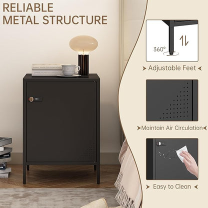 Metal Nightstand Single Door Locker Metal End Table Lockable Bedside Storage Cabinet for Living Room, Bedroom, Dorm, 21.26”H X 15.75”W X 15.75”D (1 Door, Black)