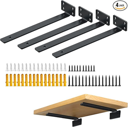 Alise Floating Shelf Brackets Black, 4 Pcs L Brackets for Shelves,10'' Hidden Invisible Shelf Brackets, 1/5" Inch Thick Heavy Duty Metal Wall Shelf Support Corner Brackets for Home and Mounting Shelf
