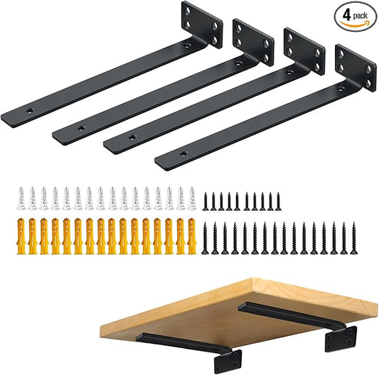 Alise Floating Shelf Brackets Black, 4 Pcs L Brackets for Shelves,10'' Hidden Invisible Shelf Brackets, 1/5" Inch Thick Heavy Duty Metal Wall Shelf Support Corner Brackets for Home and Mounting Shelf