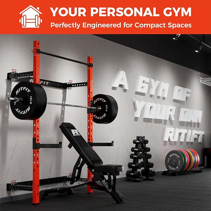 RitFit 2.36'' x 2.36'' Folding Squat Rack for Home Gym, Wall Mounted Squat Rack with Attachments - Space Saving Squat Power Rack