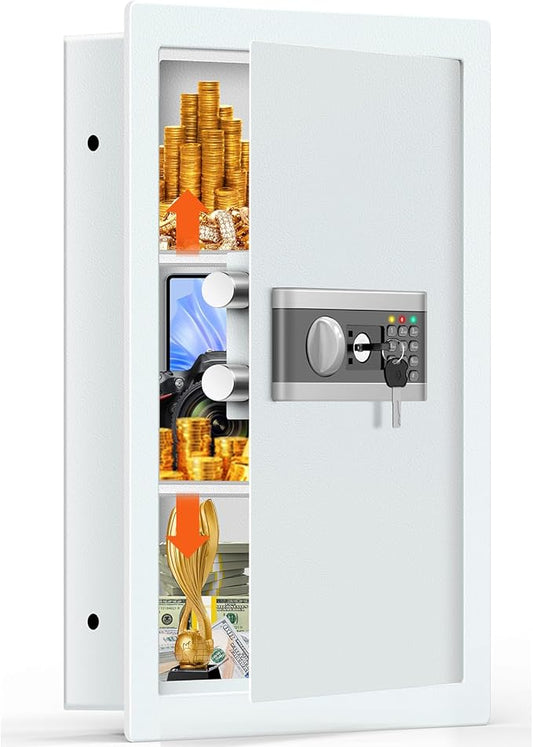 25.6" Tall Fireproof Wall Safes Between the Studs 16" Centers, Hidden Wall Safe with 2 Removable Shelf & Hidden Tray, Heavy Duty Wall Mount Safe for Money, Jewelry, Passport, Valuables(White)
