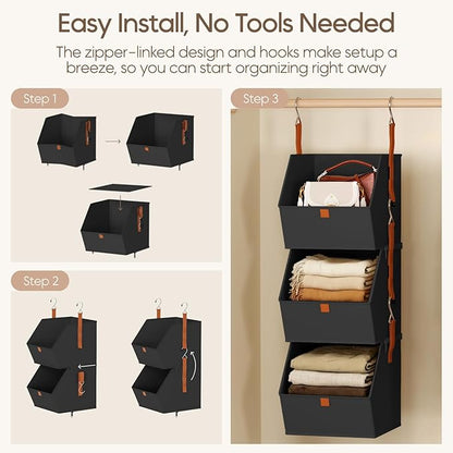 Collapsible Hanging Closet Organizer - 6 Tier Closet Shelves Storage System with Hooks, Fabric Hanging Storage Bins for Clothes, Foldable Storage Basket for Laundry, Bedroom, Rv, Black