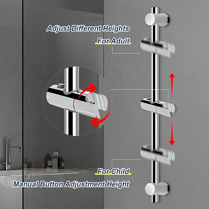 NearMoon Shower Slide Bar with Height/Angle Adjustable Handheld Shower Holder, Bathroom SUS 304 Stainless Steel Shower Head Holder for Bath (Screw Mounted, Chrome Finish)