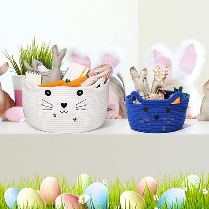 Zopeal Cat Basket Storage Woven Organizer with Ears Easter Decorative Gift Pet Toy Cute Cotton Rope Basket for Gift Cat Dog Toy Bin Nursery Room(8.3 x 4.7 Inch,Royal Blue)