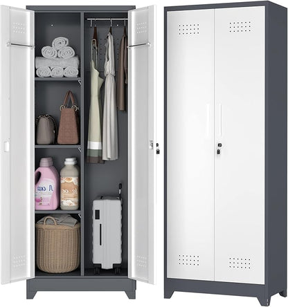 65" H Metal Garage Storage Cabinets with Doors and Shelves, Locking Cabinet, Broom Closet Storage Cabinets with Hanging Rod, Functional Tool Cabinet for Home, Garage, Kitchen