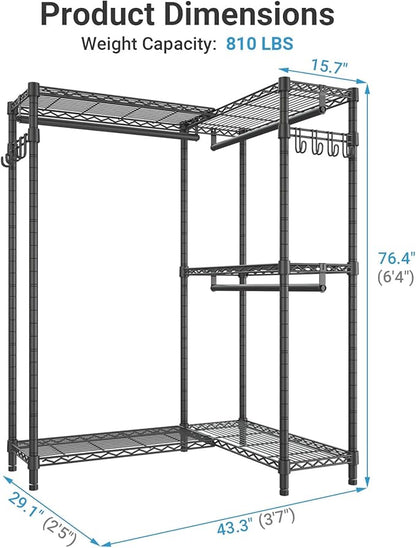 VIPEK L4 Garment Rack L Shaped Clothes Rack for Corner, Freestanding Portable Wardrobe Closet Heavy Duty Clothing Rack with 3 Hanging Rods & 2 Side Hooks, 43.3"Lx29.1"Wx76.4"H, Max Load 810LBS, Black