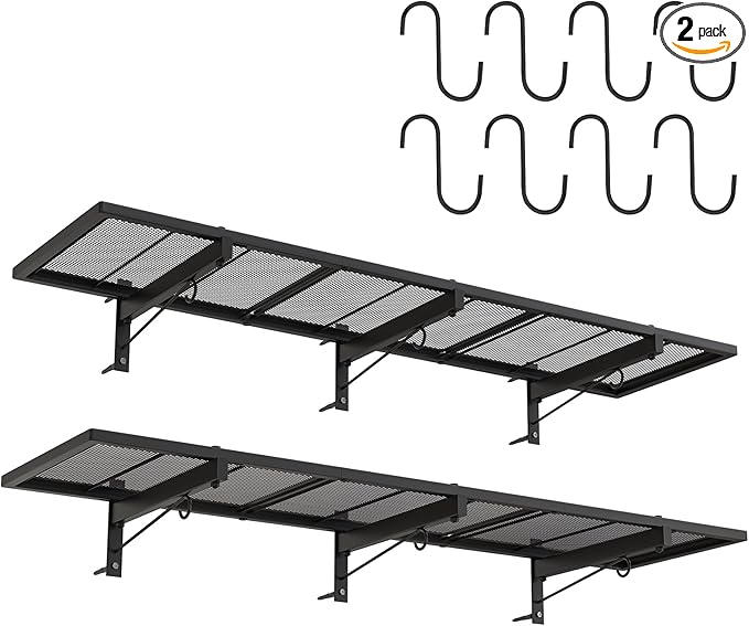 2 Pack Garage Wall Shelf, Heavy Duty Garage Shelving, 46"X 12.5" Wall Mounted Floating Shelves, Metal Hanging Storage Rack with 8 Hooks, Utility Organizer Max Load 320 LBS for Laundry Room, Workshop
