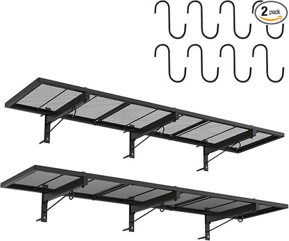 2 Pack Garage Wall Shelf, Heavy Duty Garage Shelving, 46"X 12.5" Wall Mounted Floating Shelves, Metal Hanging Storage Rack with 8 Hooks, Utility Organizer Max Load 320 LBS for Laundry Room, Workshop