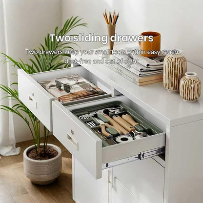 CJF Metal Storage Cabinet, Locking Storage Cabinet with Doors and 2 Drawers, Metal Cabinets for Office/Home/Garage 36" H x 32" W x 16" D (White)