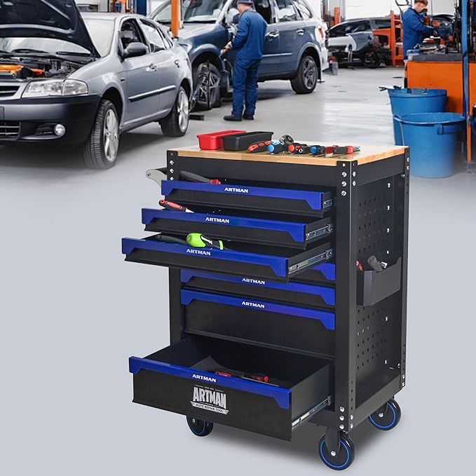 30 inch 7-Drawer Rolling Tool Chest with Wheels, Wood Countertop Heavy Duty Tool Cart, Locking System, Rolling Cabinet for Garage Warehouses, Repair Shops - Requires Assembly (Black&Blue)