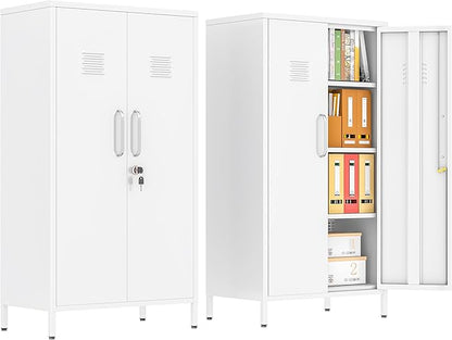47.24" Metal Storage Locker with Lockable, Employees Metal Steel Locker with 2 Door ＆ 3 Adjustable Shelves, Small Locker Storage Cabinets for Home, School, Office, Gym (White)