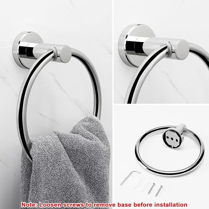 NearMoon Bath Towel Ring, Bathroom Hardware Accessories-Thicken Stainless Steel Hand Towel Holder for Bathroom, Modern Round Towel Hanger Wall Mounted (Chrome, 1 Pack)