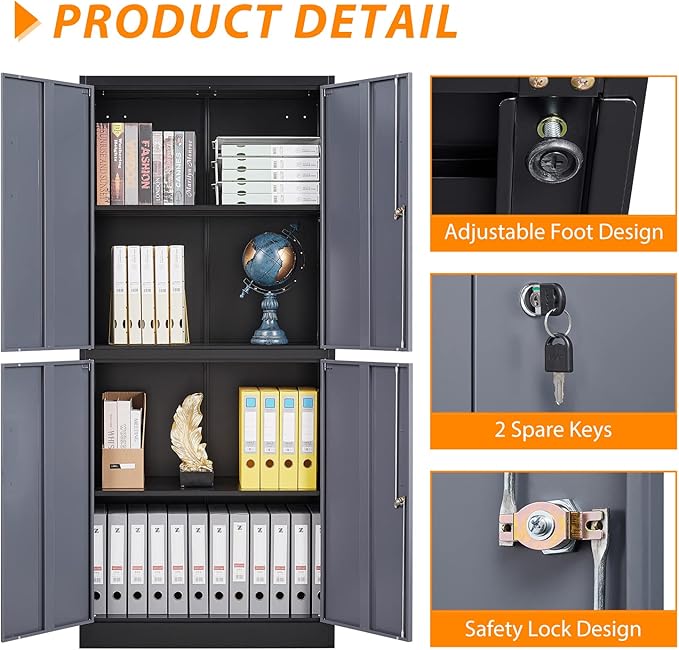 Metal Storage Locking Cabinet, 71" Tall Metal Cabinet with 4 Doors and 2 Adjustable Shelves, Locking Steel Cabinet for Home, School, Office, Gym, Garage Storage (Black Grey)