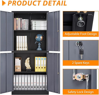 Metal Storage Locking Cabinet, 71" Tall Metal Cabinet with 4 Doors and 2 Adjustable Shelves, Locking Steel Cabinet for Home, School, Office, Gym, Garage Storage (Black Grey)