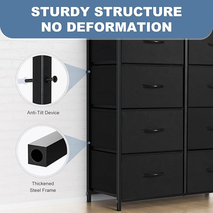 DUMOS 8 Drawer Dresser for Bedroom, Fabric Storage Organizer with Sturdy Metal Frame, Wooden Top Chest of Drawers for Closet Entryway Guest Room,Matte Black