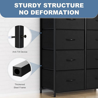 DUMOS 8 Drawer Dresser for Bedroom, Fabric Storage Organizer with Sturdy Metal Frame, Wooden Top Chest of Drawers for Closet Entryway Guest Room,Matte Black