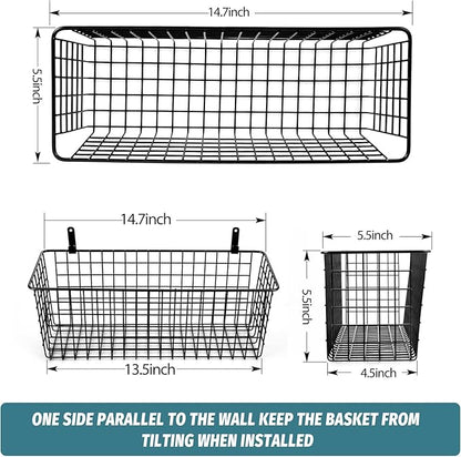 4 Set [EXTRA LARGE] Hanging Wall Mount Storage Baskets with Adhesive Hooks & Steel Hooks, Multiuse Sturdy Wire Metal Organizing Baskets for Home Kitchen Bathroom Pantry Utility Organizer, Black