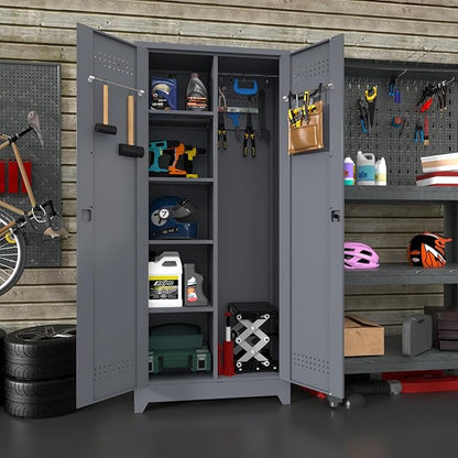 Lockable Storage Cabinet,Metal Garage Storage Cabinets with Doors,Steel Utility Closet Cabinet with Adjustable Shelves,Locking Cabinet for Home,Garage,Gray