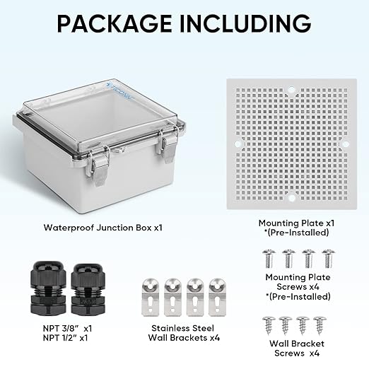 TICONN Waterproof Electrical Junction Box IP67 ABS Plastic Enclosure with Hinged Cover with Mounting Plate, Wall Brackets, Cable Glands (Clear, 5.9"x5.9"x3.5")