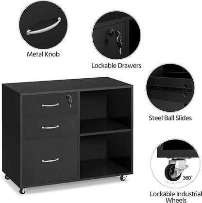 Yaheetech Black File Cabinet with Lock for Letter, A4 Size,3 Drawer Lateral Cabinet Printer Stand with Open Storage Compartments for Home Office, Black